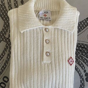 NEW CasaBlanca Ivory Ribbed Polo Sweater with Red Logo Beige White XL NWT Heavy